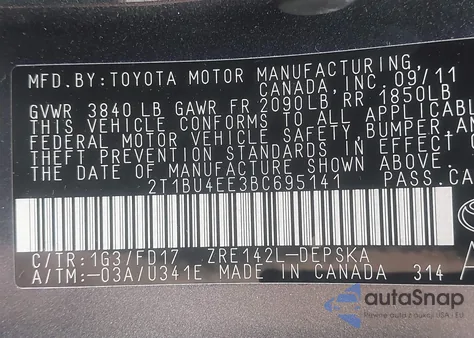 2011 Toyota Corolla S from USA, damaged, VIN 2T1BU4EE3BC695141